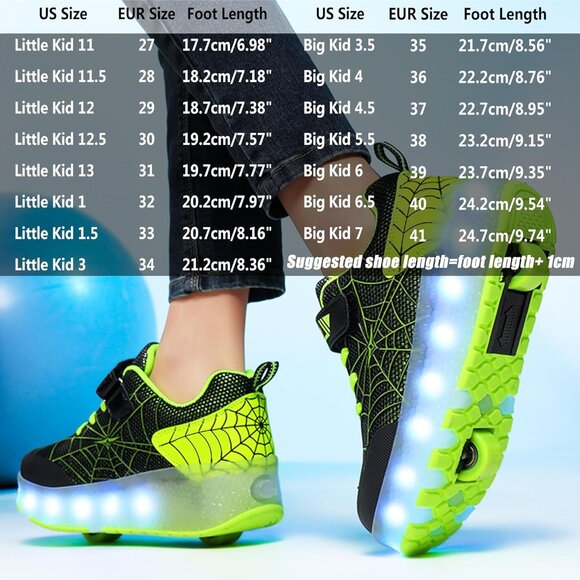 Kids Black/green Usb Chargeable Led Light Up Wheeled Skate Sneaker Shoes - Picture 6 of 6